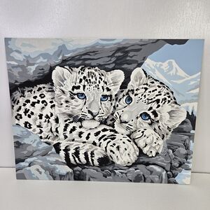 VTG Snow Leopard Cubs Paint By Numbers Finished Acrylic Painting 14x11 Animals